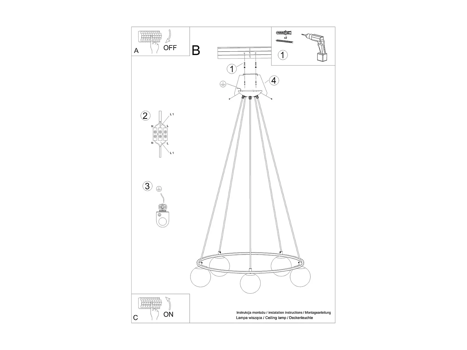 Lustres Zynfi moderne en acier/verre - 5 sources lumineuses 4000K - L.80 x H.98 cm - noir