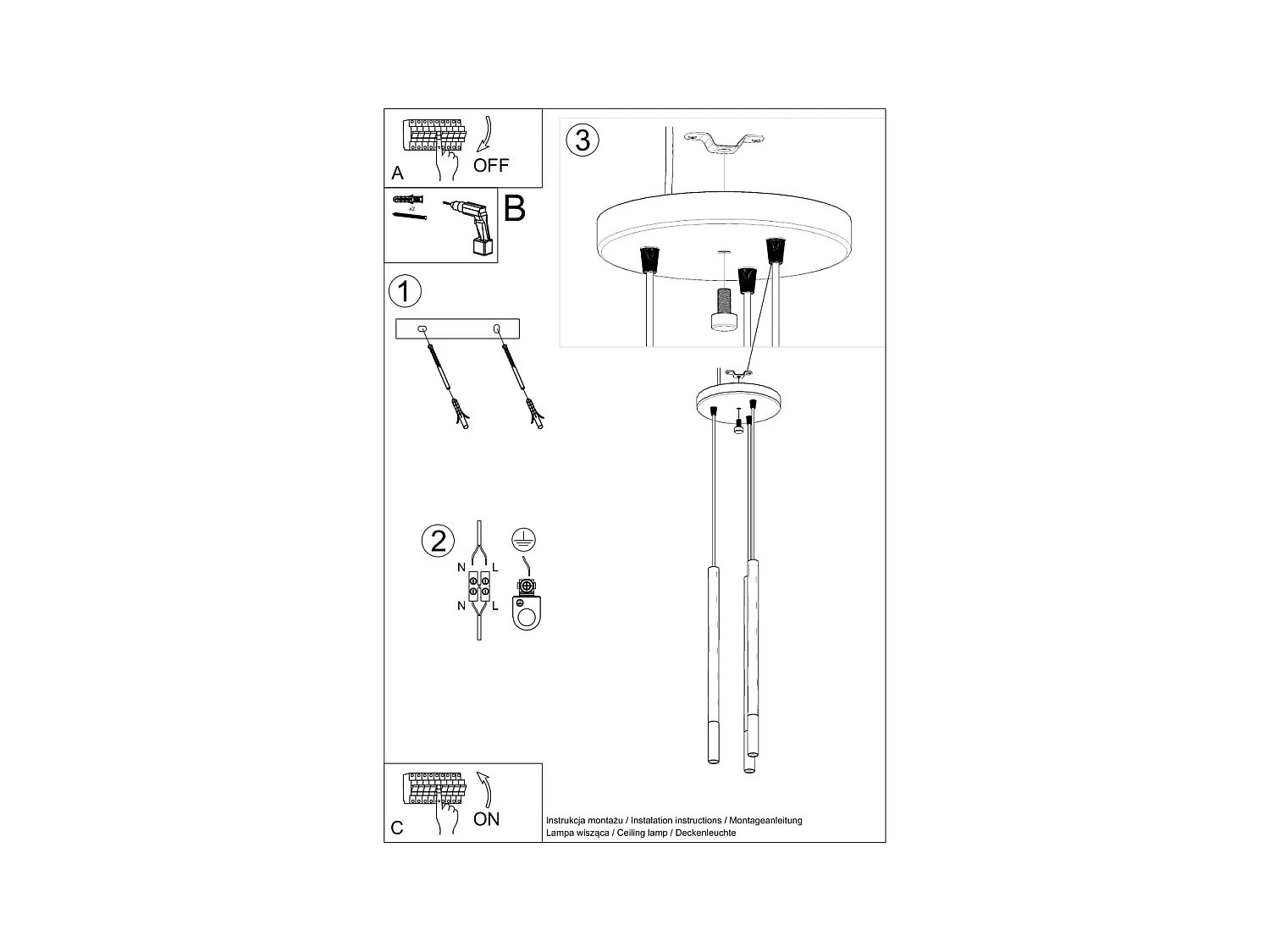 Lampy wiszące nowoczesny Flar, stal - 3 źródło światła 4000K - L.20 x H.90 cm - czarny/chrom