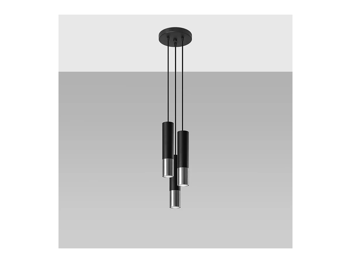 Lampes suspendues Zarpex moderne en acier - 3 sources lumineuses 4000K - L.20 x H.90 cm - noir/chromé