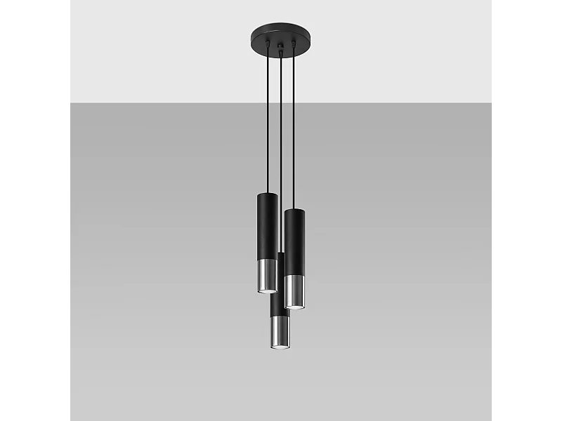 Lampes suspendues Zarpex moderne en acier - 3 sources lumineuses 4000K - L.20 x H.90 cm - noir/chromé