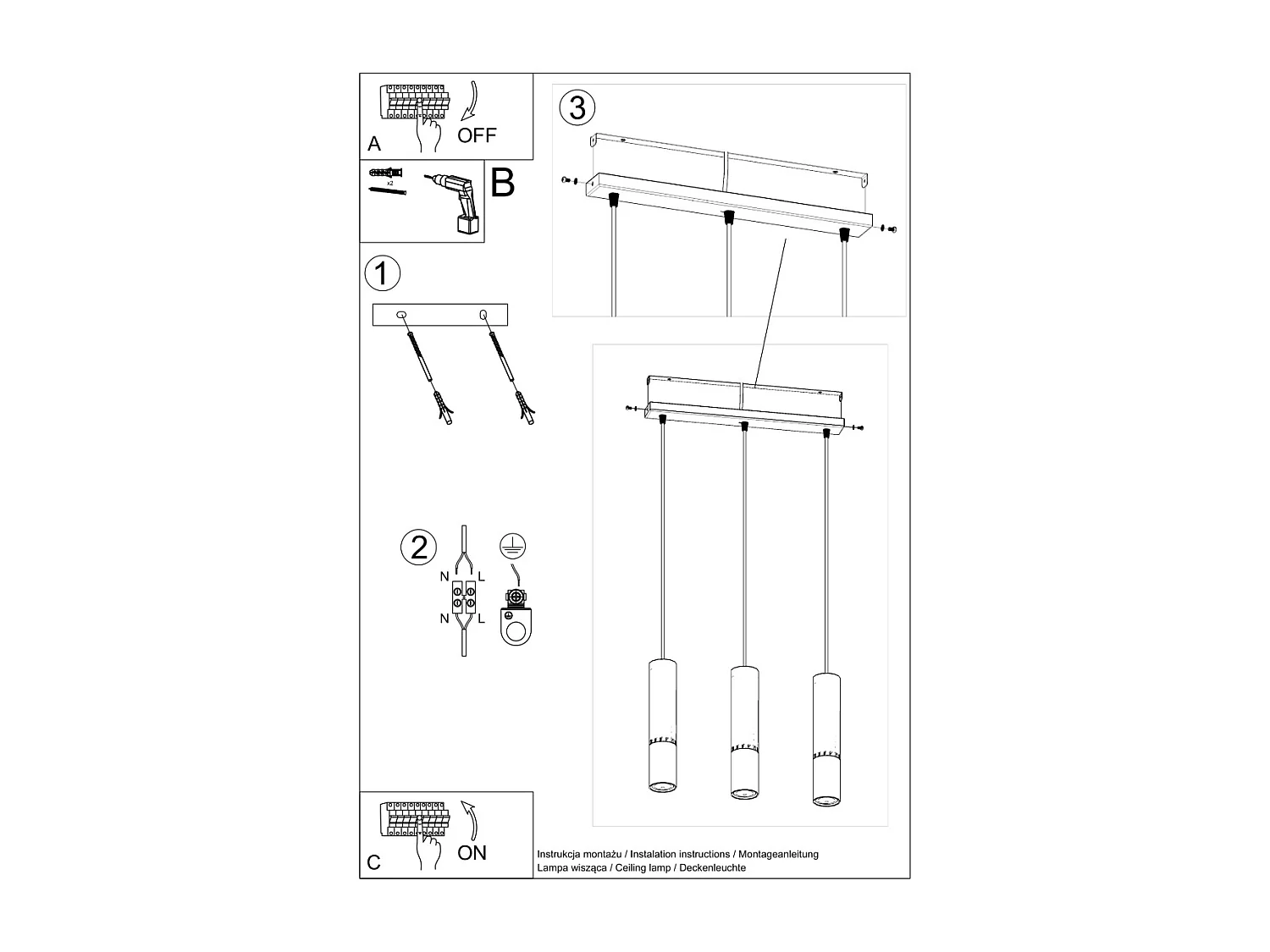 Lampes suspendues Zarpex moderne en acier - 3 sources lumineuses 4000K - L.45 x H.90 cm - or noir