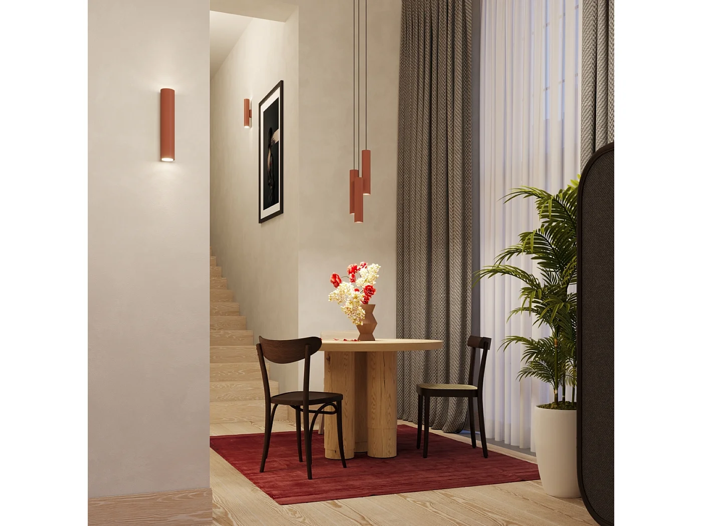 Lampe à suspension Toris grenier en acier - 3 sources lumineuses 3000K - L.45 x H.98 cm - ocre rouge