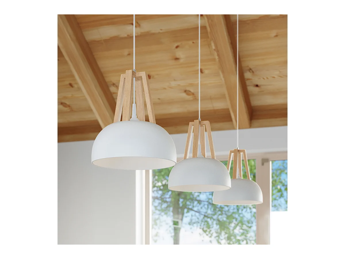 Lampes suspendues Solivo moderne en acier/bois - 1 sources lumineuses 3000K - L.30 x H.85 cm - blanc/bois naturel