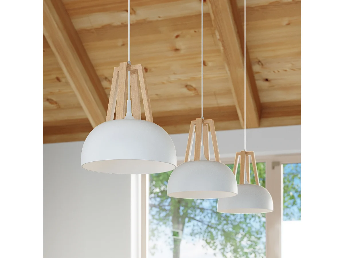 Lampes suspendues Solivo moderne en acier/bois - 1 sources lumineuses 3000K - L.30 x H.85 cm - blanc/bois naturel