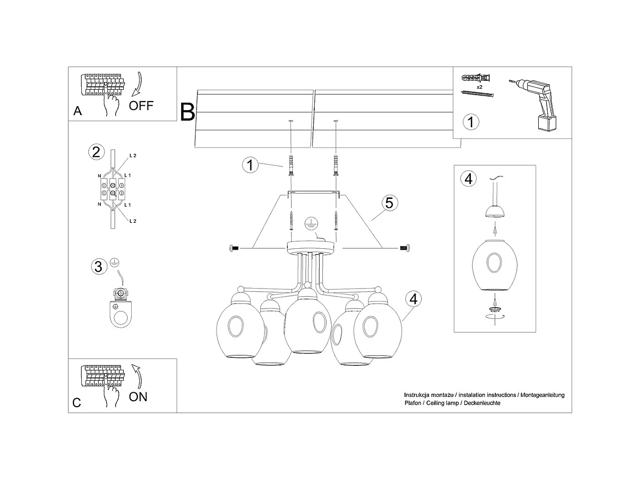 Lustres Allivon moderne en acier - 5 sources lumineuses 4000K - L.59 x H.36 cm - noir