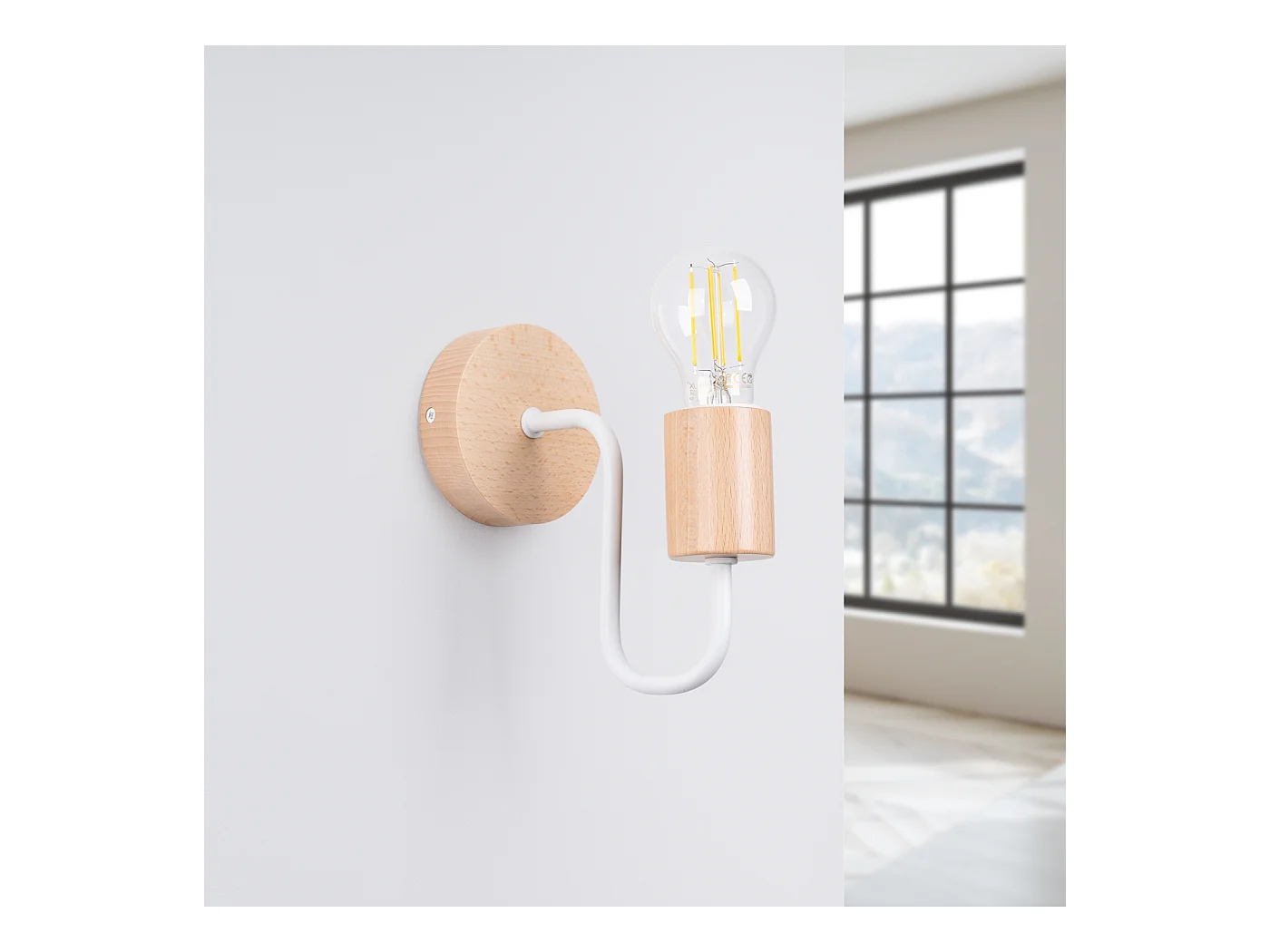 Luminária de parede Zimbo sótão, aço/madeira - 1 fontes de luz 3000K - L.8 x H.18.5 cm - madeira branca/natural