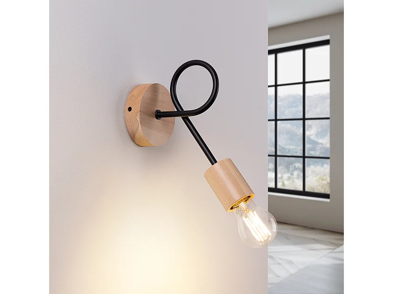 Wandlamp Sparkon minimalistisch van  - 1 lichtbronnen 3000K - L.10 x H.24 cm - zwart/natuurlijk hout