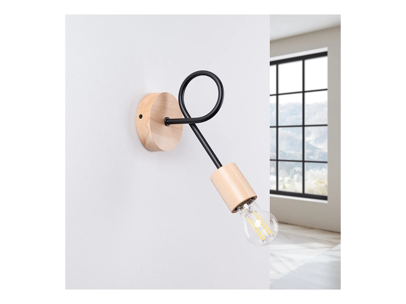 Wandlamp Sparkon minimalistisch van  - 1 lichtbronnen 3000K - L.10 x H.24 cm - zwart/natuurlijk hout