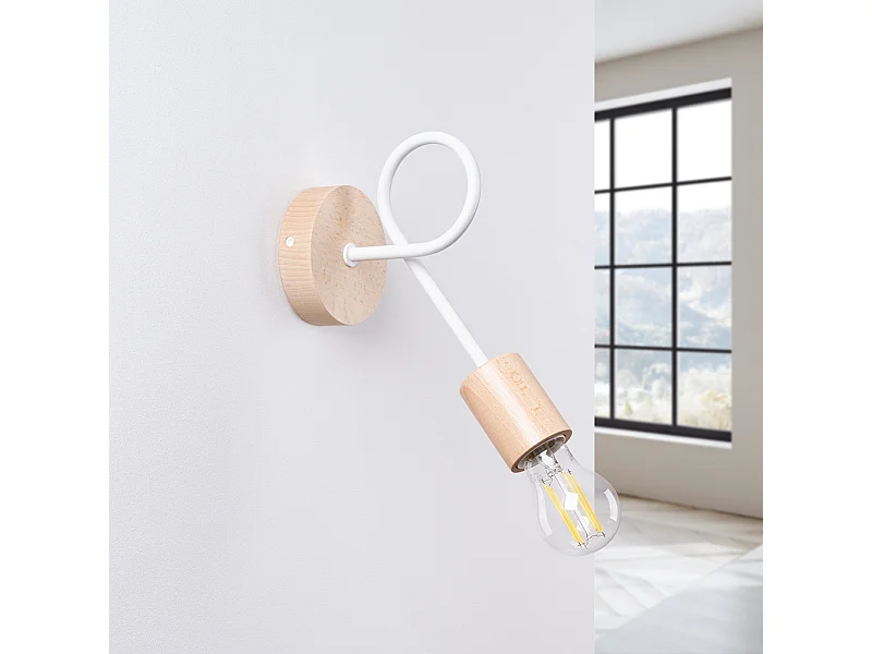 Lampada da parete Sparkon minimalista di acciaio/legno - 1 sorgenti luminose 4000K - L.10 x A.24 cm - bianco/legno naturale