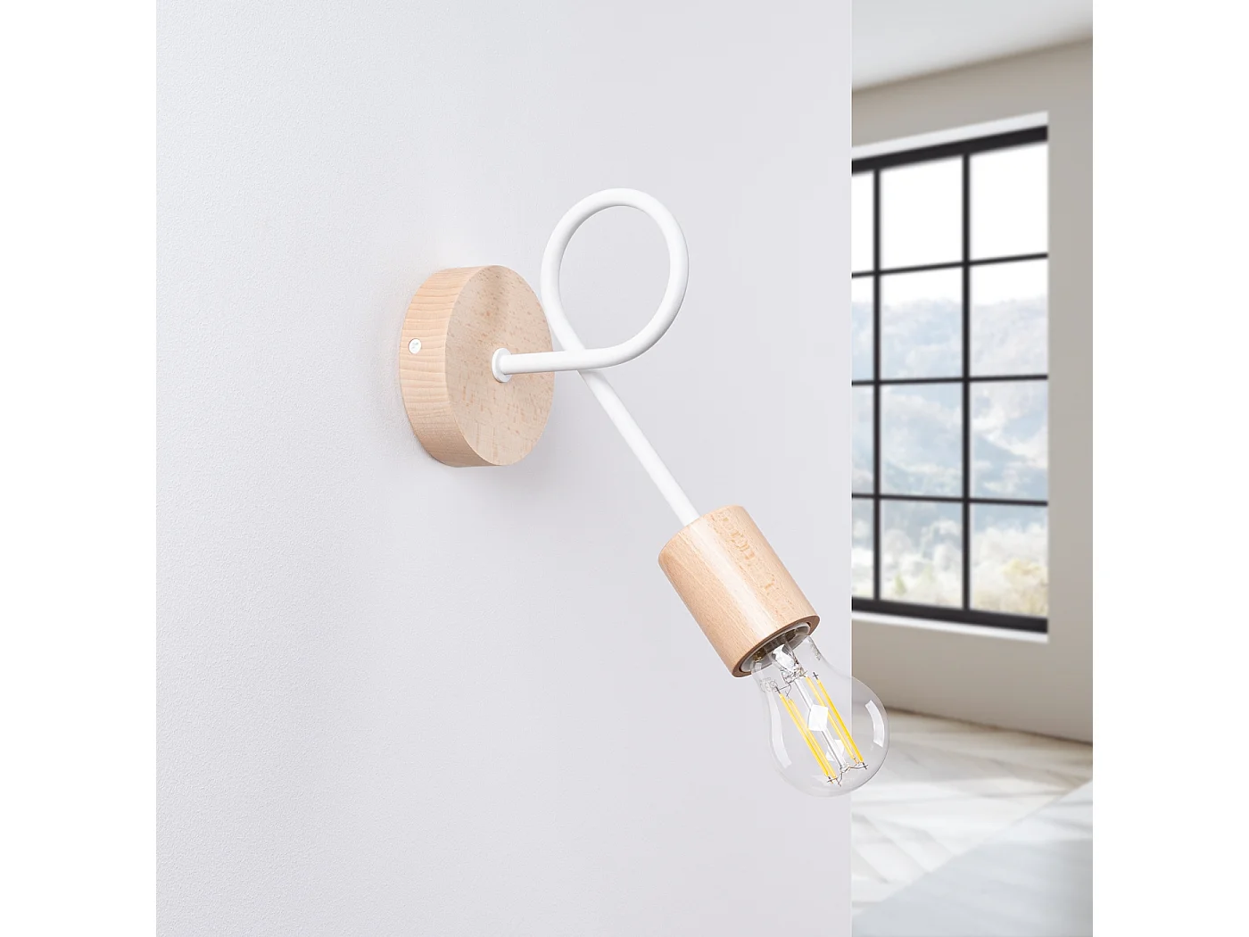 Wandleuchte Sparkon minimalistisch aus  Stahl/Holz - 1 lichtquellen 4000K - L.10 x H. cm - weiß/Naturholz