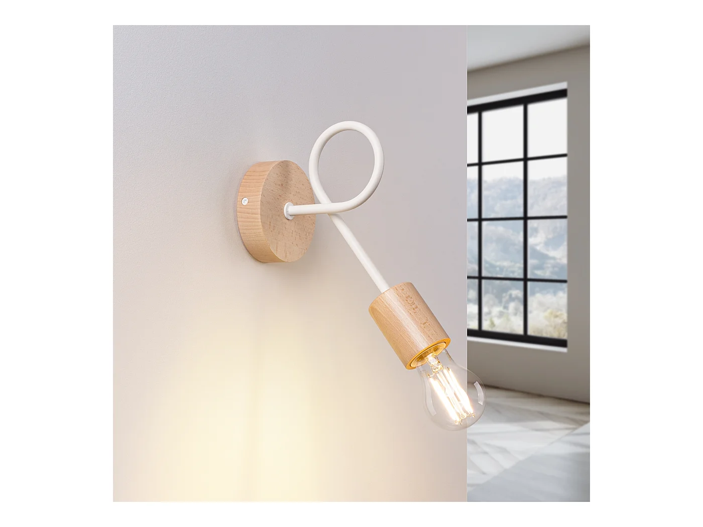 Wandleuchte Sparkon minimalistisch aus  Stahl/Holz - 1 lichtquellen 4000K - L.10 x H. cm - weiß/Naturholz