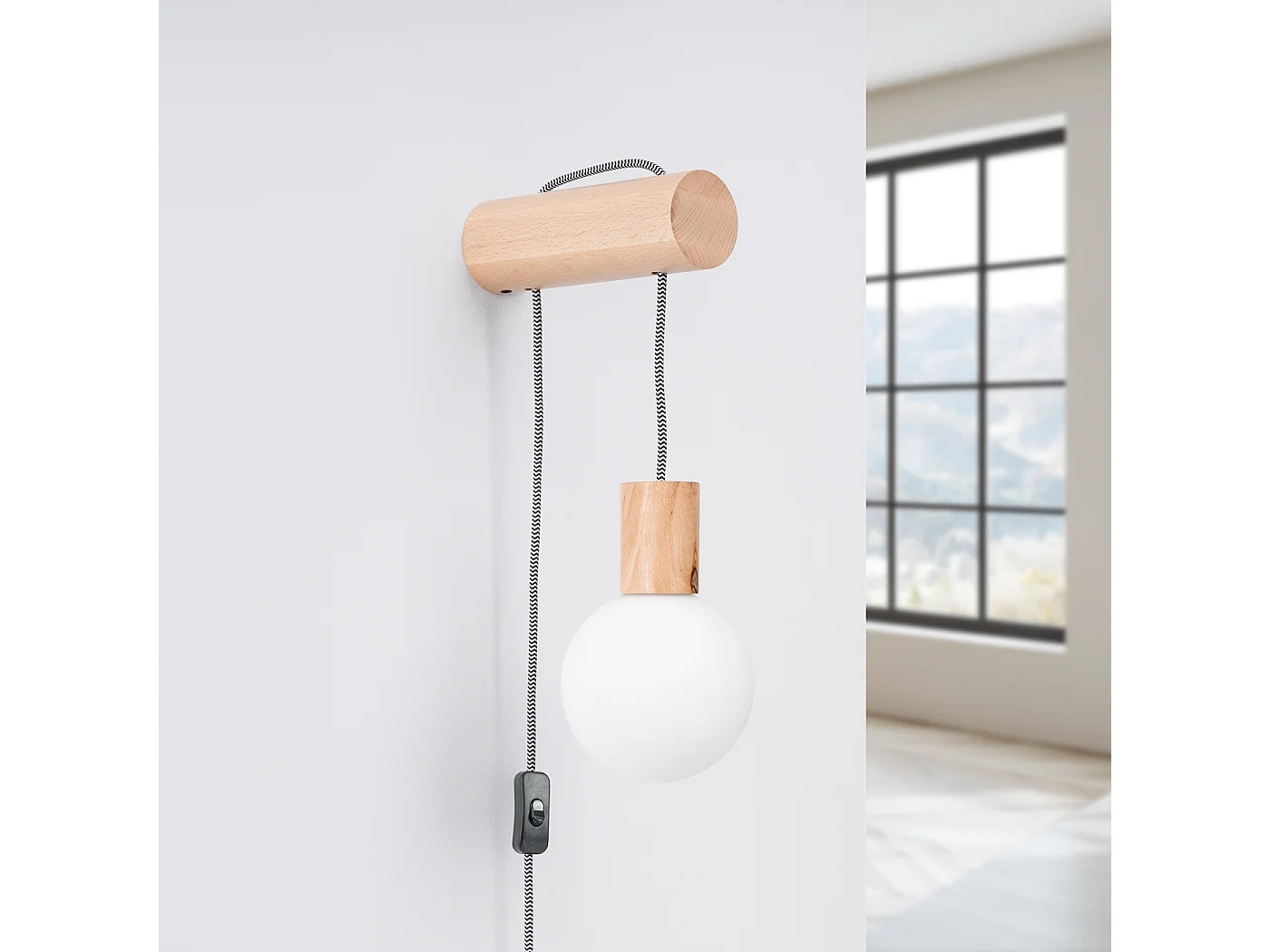 Lampa ścienna loft Zynto, drewno/szkło - 1 źródło światła 4000K - L.6 x H.67 cm - naturalne drewno/biały/czarny