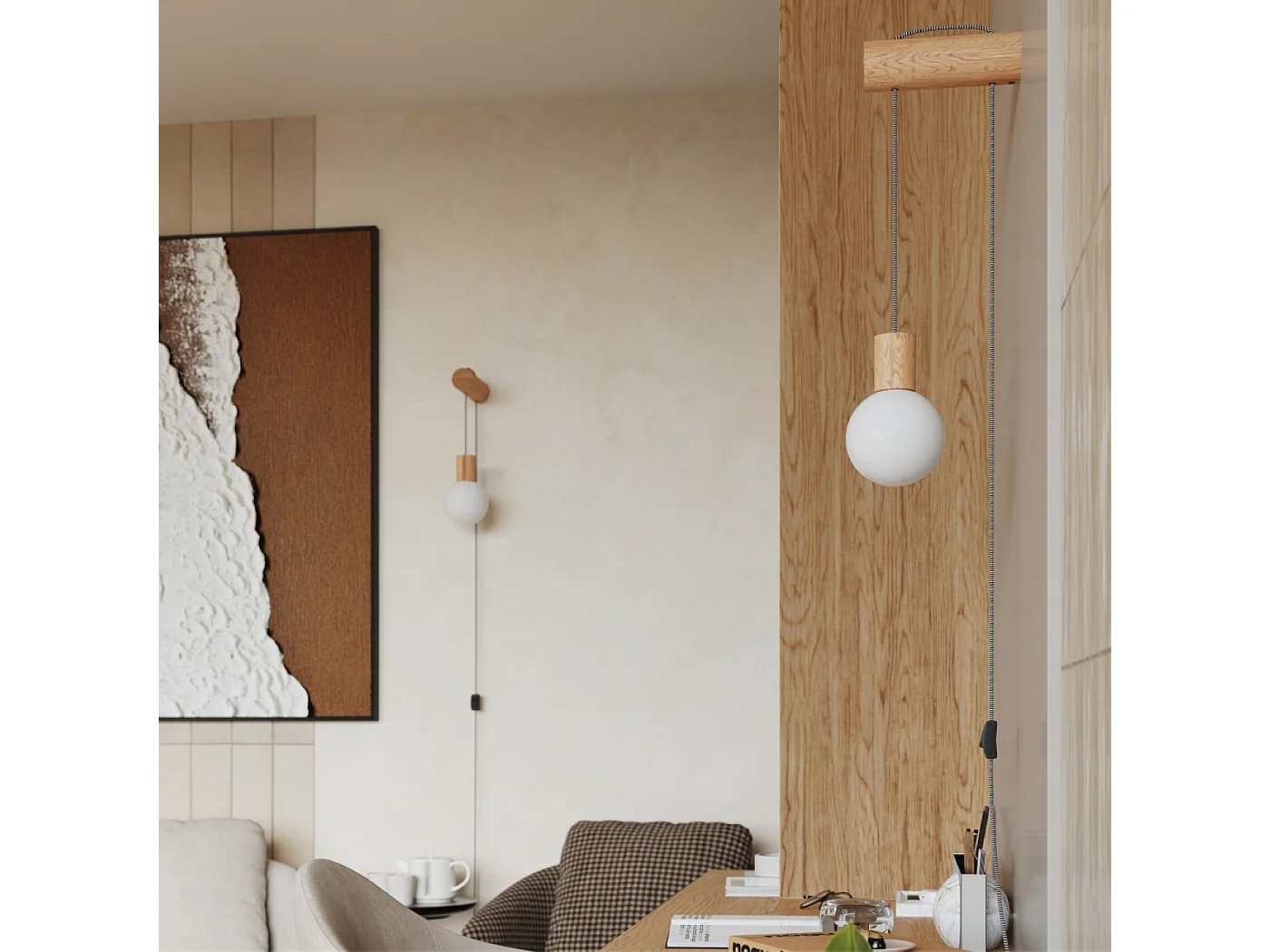 Lampa ścienna loft Zynto, drewno/szkło - 1 źródło światła 4000K - L.6 x H.67 cm - naturalne drewno/biały/czarny