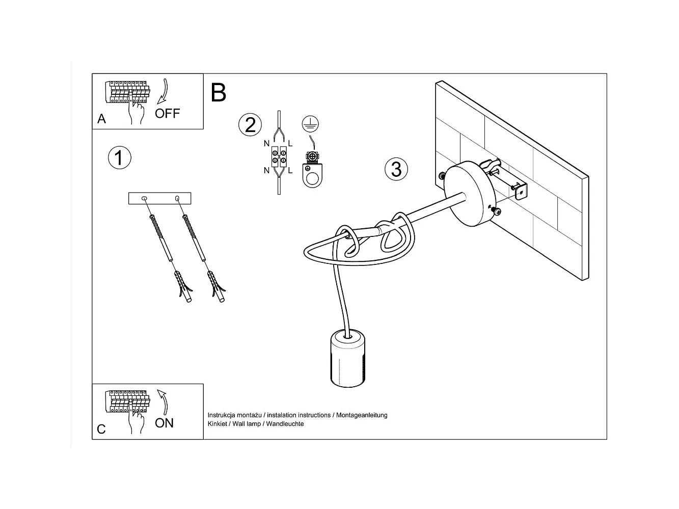 Candeeiros de parede Speis sótão, tecido/aço - 1 fontes de luz 3000K - L.8 x H.100 cm - preto
