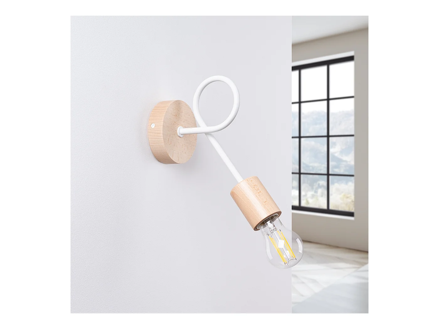 Lampada da parete Sparkon minimalista di acciaio/legno - 1 sorgenti luminose 3000K - L.10 x A.24 cm - bianco/legno naturale