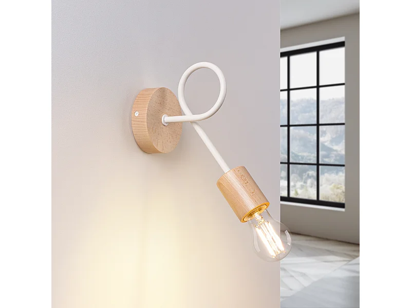 Applique Sparkon minimaliste en acier/bois - 1 sources lumineuses 3000K - L.10 x H.24 cm - blanc/bois naturel