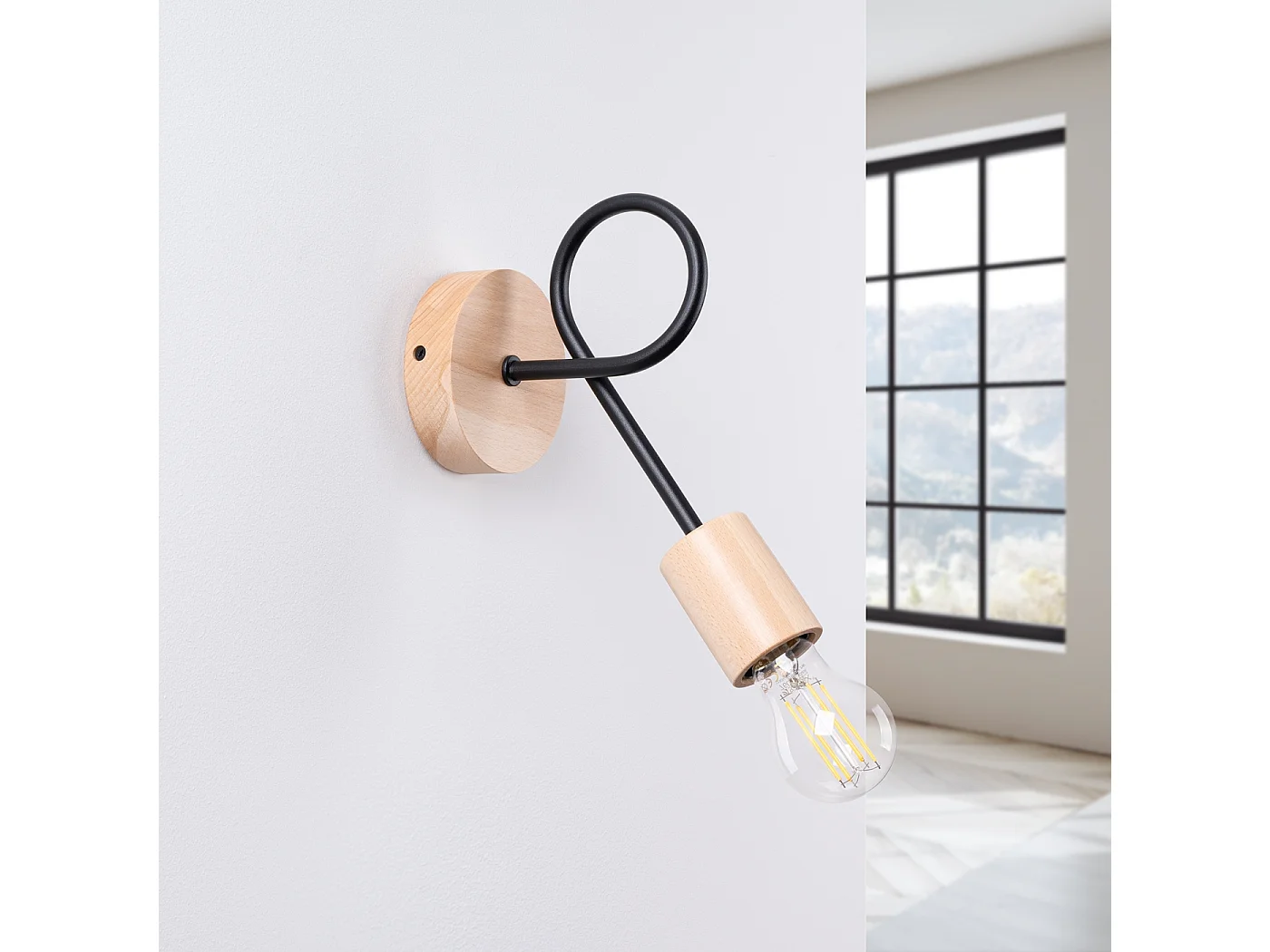 Wandleuchte Sparkon minimalistisch aus  Stahl/Holz - 1 lichtquellen 4000K - L.10 x H. cm - schwarz/Naturholz