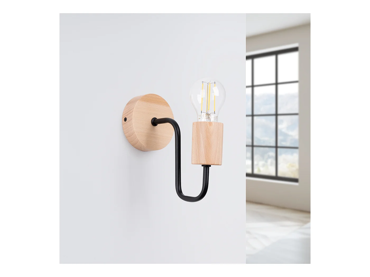 Luminária de parede Zimbo sótão, aço/madeira - 1 fontes de luz 3000K - L.8 x H.18.5 cm - madeira preta/natural