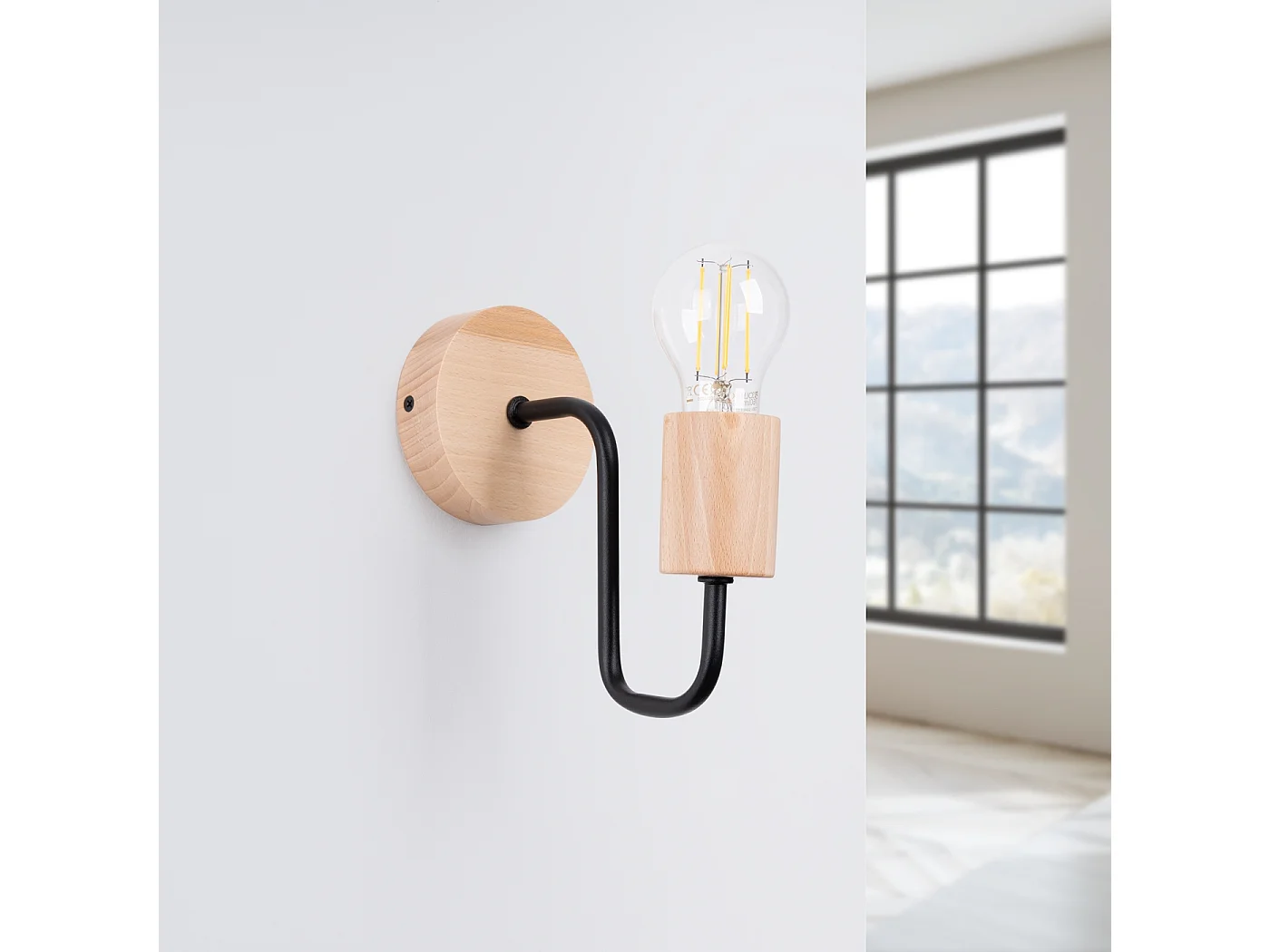 Wandlamp Zimbo zolder van  - 1 lichtbronnen 3000K - L.8 x H.18,5 cm - zwart/natuurlijk hout