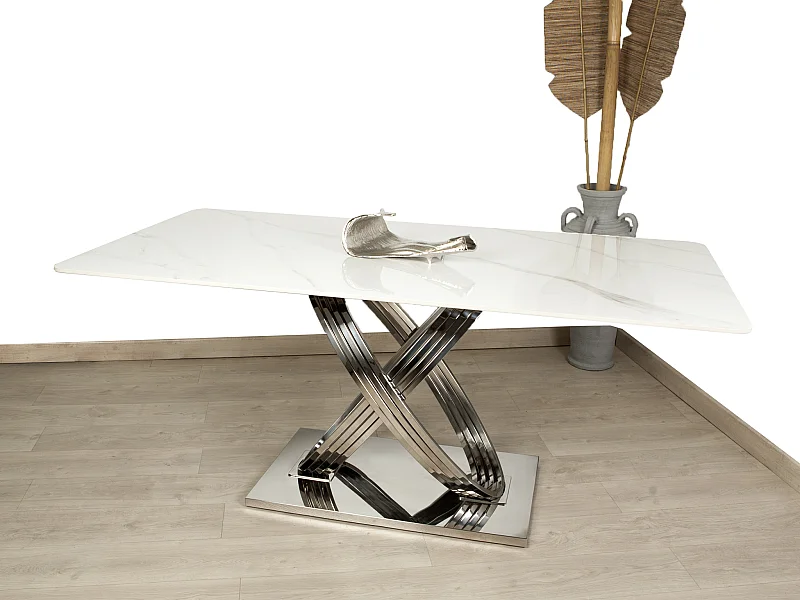 MESA DE AÇO INOXIDÁVEL PRATA COM TAMPO DE MÁRMORE ARTIFICIAL Dê um toque diferente à sua casa