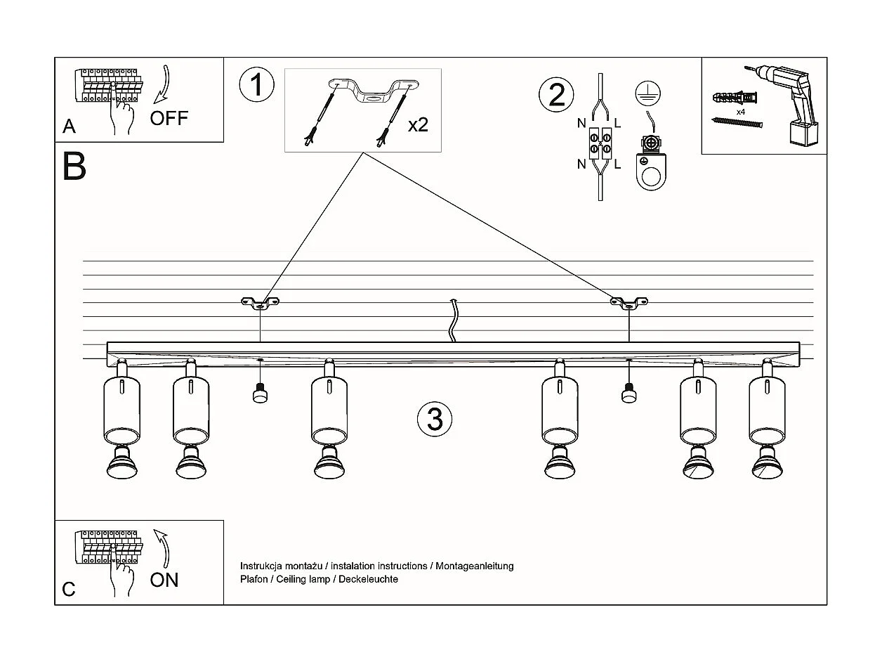 Plafonniers Briix moderne en acier - 6 sources lumineuses 3000K - L.118 x H.16 cm - blanc