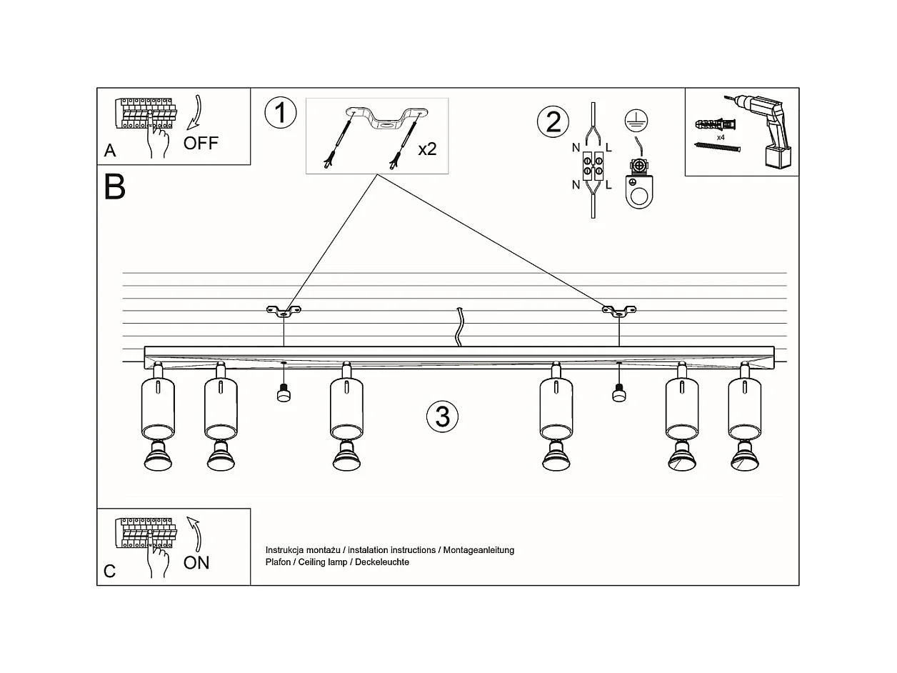 Plafondlampen Briix modern van  - 6 lichtbronnen 3000K - L.118 x H.16 cm - zwart