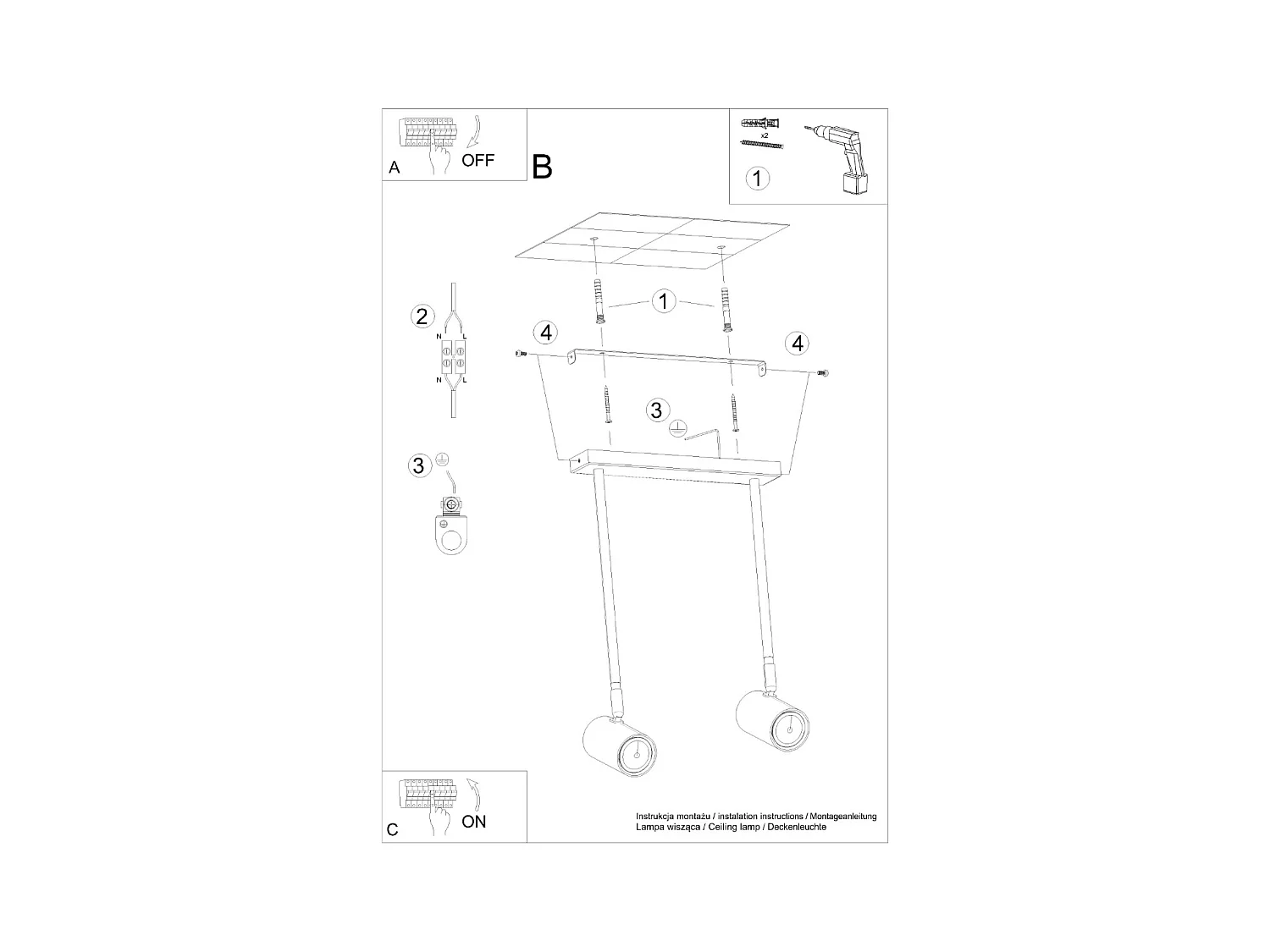 Plafony nowoczesny Novatel, stal - 2 źródło światła 3000K - L.30 x H.43 cm - czarny