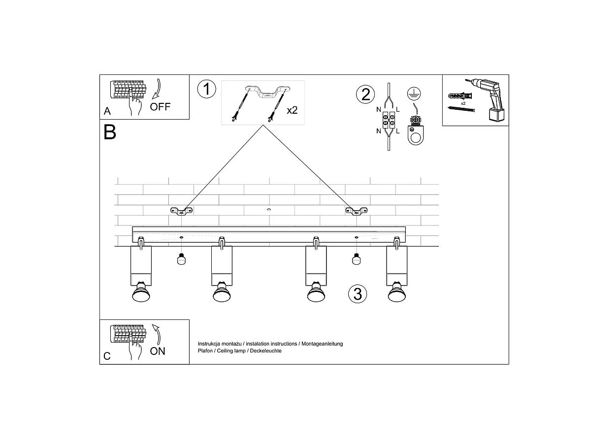 Luminárias de teto Briow moderno, aço - 4 fontes de luz 3000K - L.80 x H.16 cm - cinza