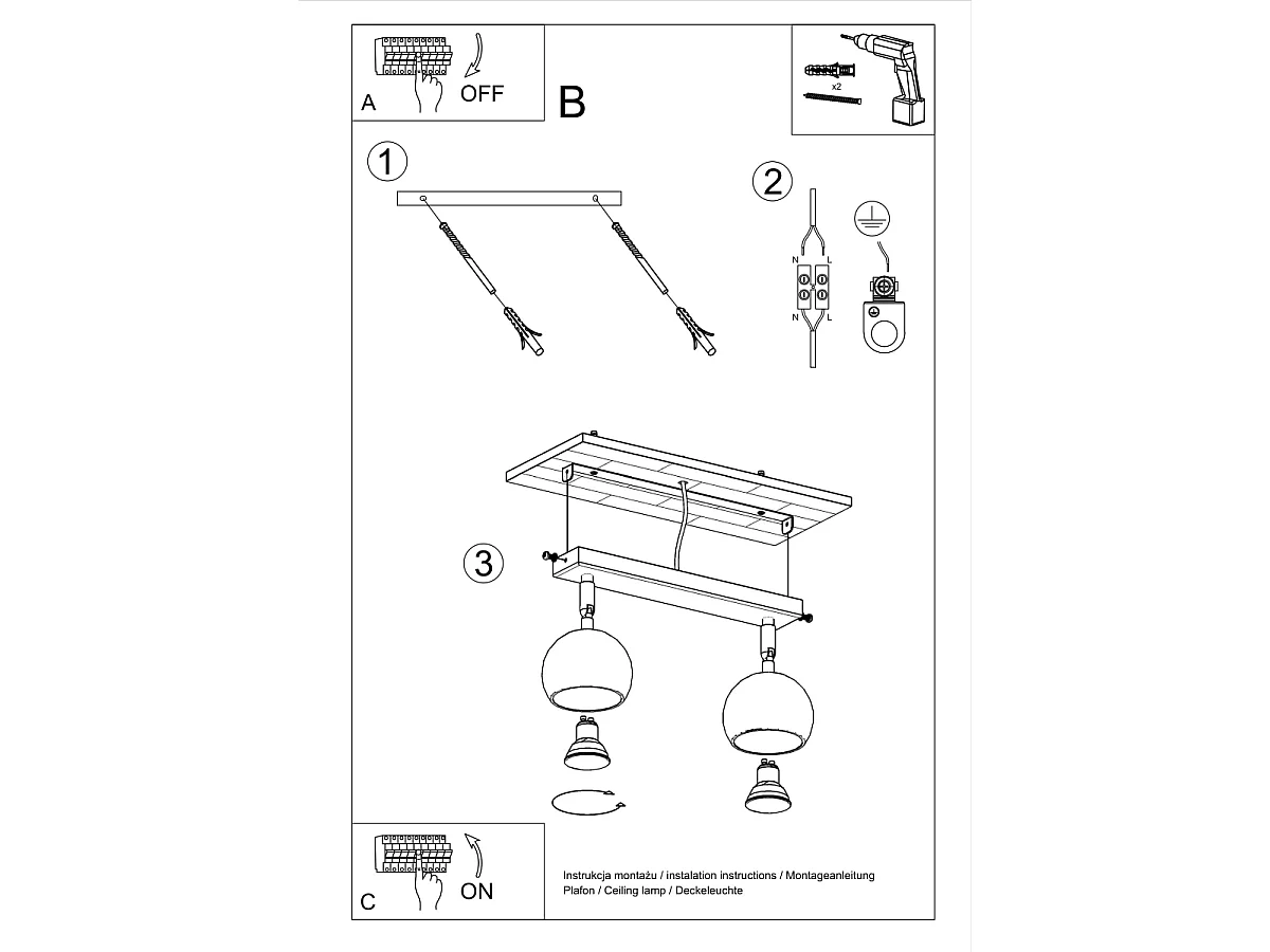 Luminárias de teto Rayis moderno, aço - 2 fontes de luz 3000K - L.30 x H.16 cm - branco