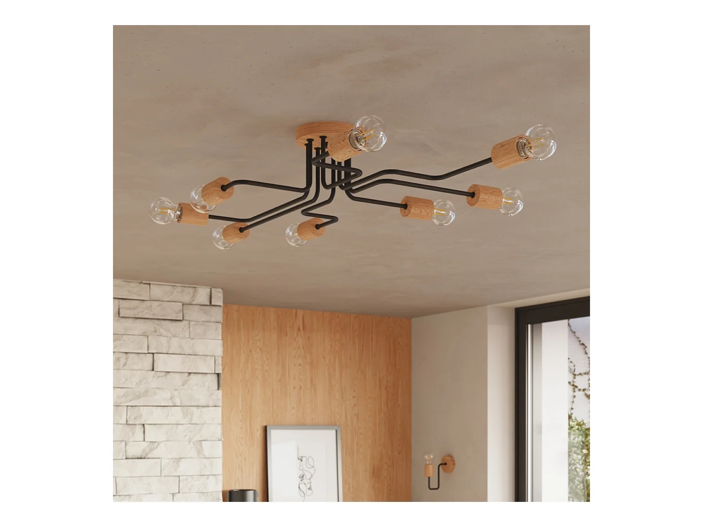 Kronleuchter Zimbo Dachboden aus  Stahl/Holz - 6 lichtquellen 4000K - L.85 x H. cm - schwarz/Naturholz