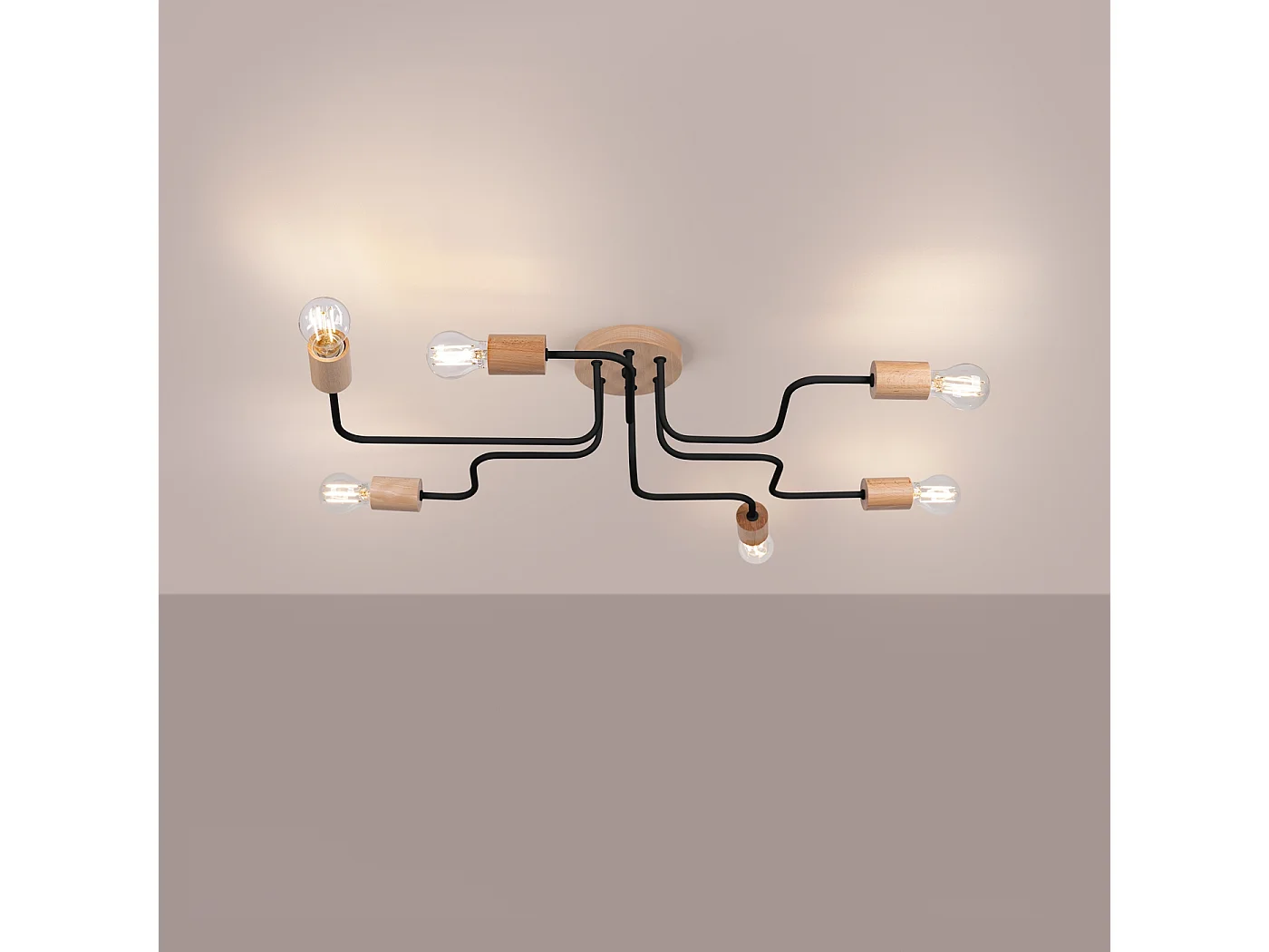 Lustre Zimbo grenier en acier/bois - 6 sources lumineuses 4000K - L.85 x H.16,5 cm - noir/bois naturel