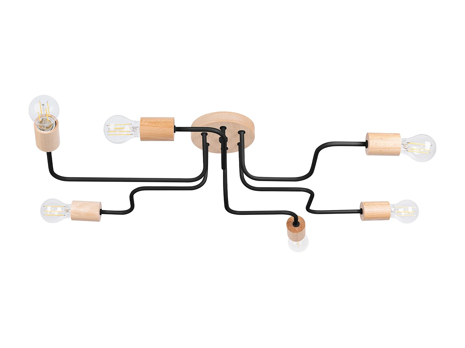 Lustre Zimbo grenier en acier/bois - 6 sources lumineuses 4000K - L.85 x H.16,5 cm - noir/bois naturel