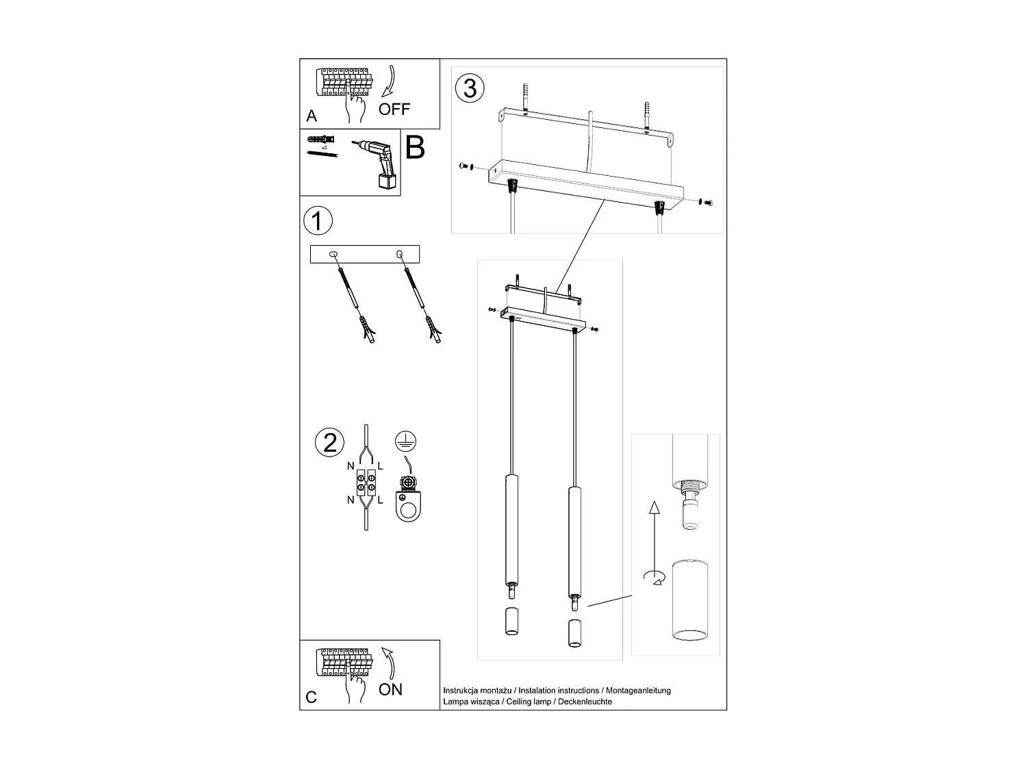 Lampy wiszące nowoczesny Eclim, stal/szkło - 2 źródło światła 3000K - L.30 x H.120 cm - biały