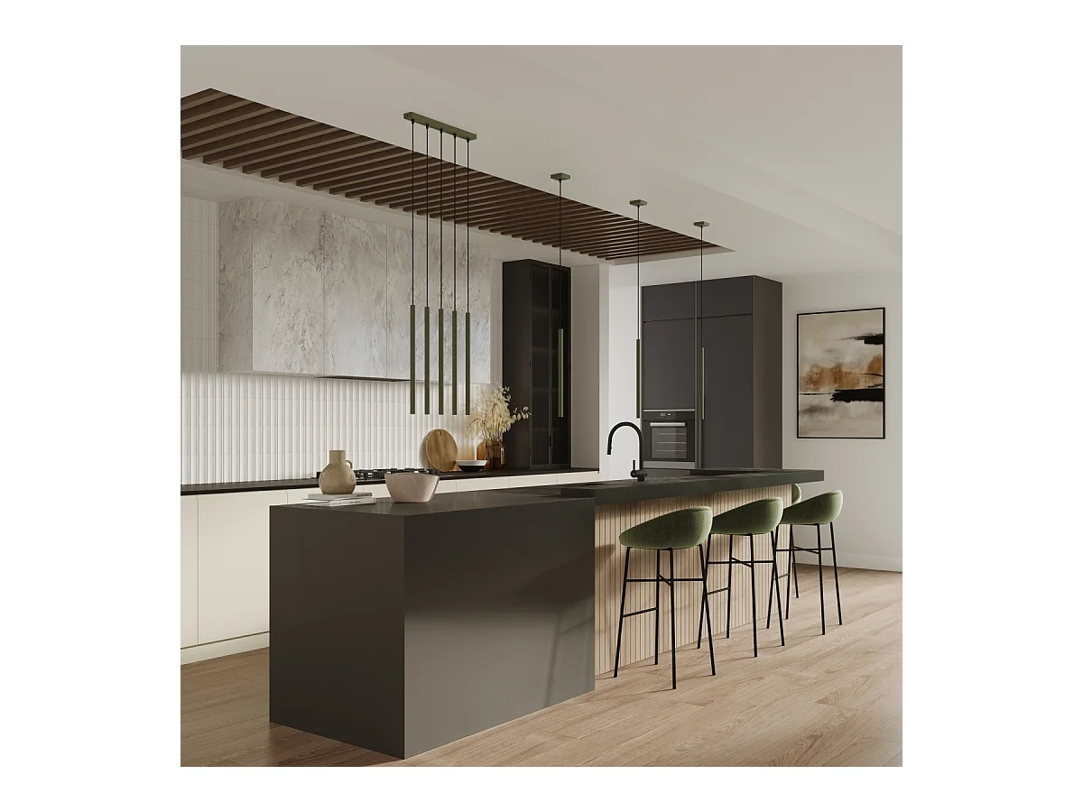 Lampada a sospensione Brill moderno di acciaio - 3 sorgenti luminose 3000K - L.19,5 x A.104 cm - verde oliva