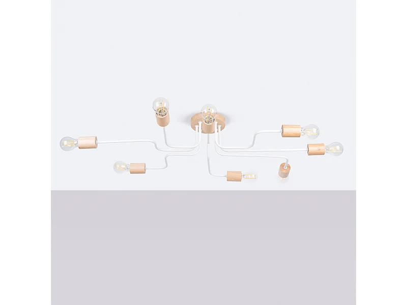 Lustre Zimbo sótão, aço/madeira - 8 fontes de luz 4000K - L.100 x H.16.5 cm - madeira branca/natural