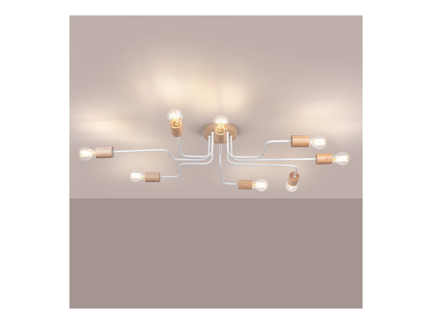 Lustre Zimbo grenier en acier/bois - 8 sources lumineuses 4000K - L.100 x H.16,5 cm - blanc/bois naturel
