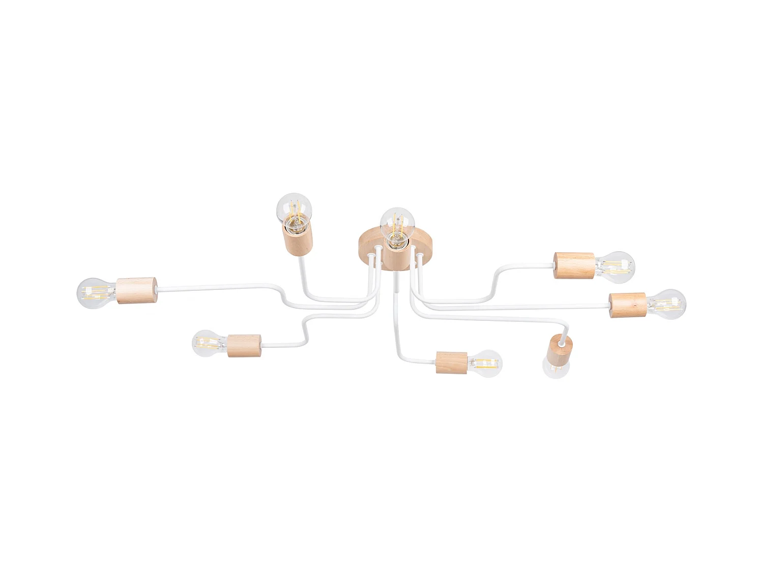 Lustre Zimbo grenier en acier/bois - 8 sources lumineuses 4000K - L.100 x H.16,5 cm - blanc/bois naturel