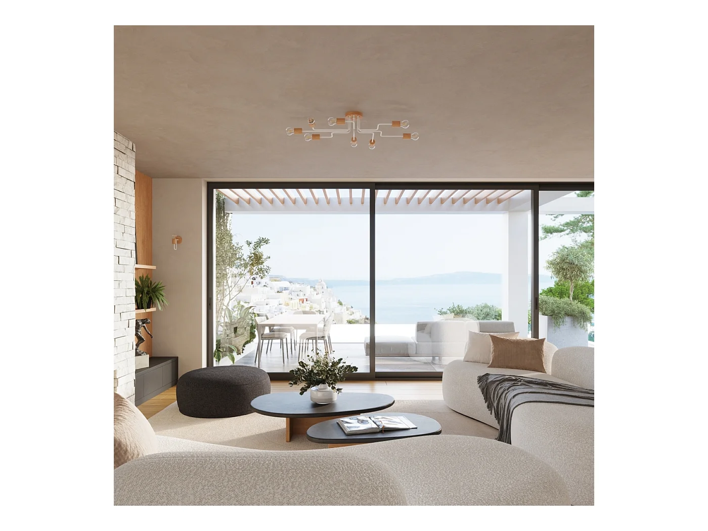 Lustre Zimbo grenier en acier/bois - 8 sources lumineuses 4000K - L.100 x H.16,5 cm - blanc/bois naturel