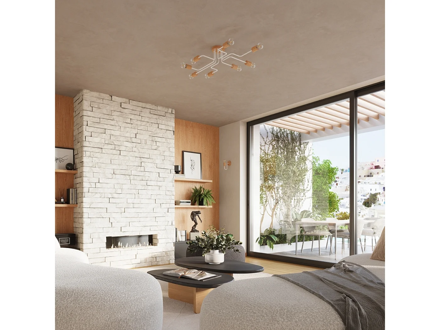 Lustre Zimbo grenier en acier/bois - 8 sources lumineuses 4000K - L.100 x H.16,5 cm - blanc/bois naturel