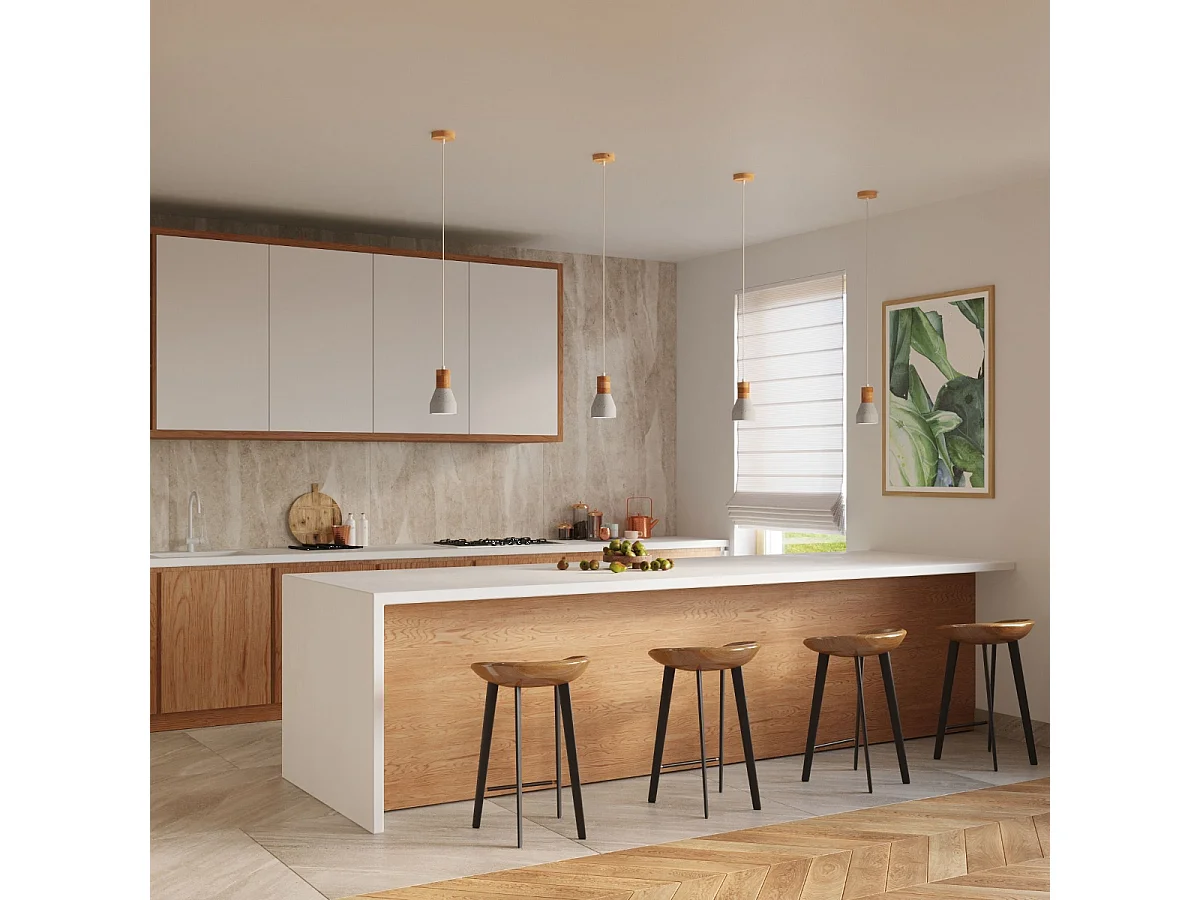 Lampes suspendues Polaric moderne en béton - 1 sources lumineuses 3000K - L.10 x H.120 cm - gris/bois naturel