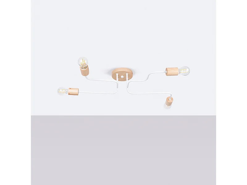 Lustre Zimbo grenier en acier/bois - 4 sources lumineuses 4000K - L.75 x H.16,5 cm - blanc/bois naturel