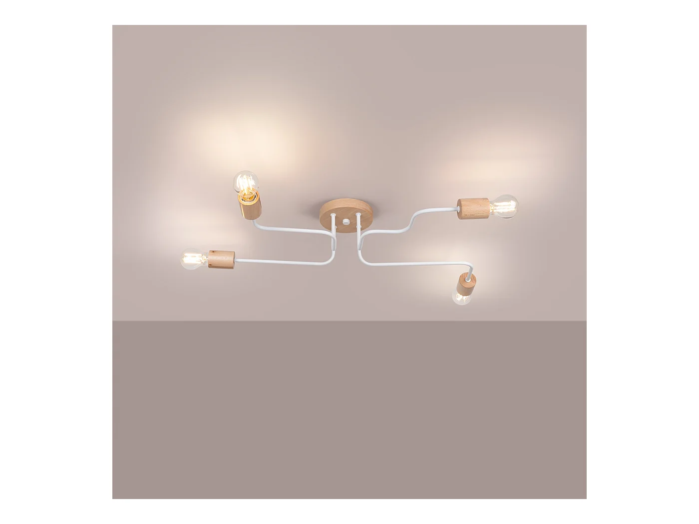 Lustre Zimbo grenier en acier/bois - 4 sources lumineuses 4000K - L.75 x H.16,5 cm - blanc/bois naturel