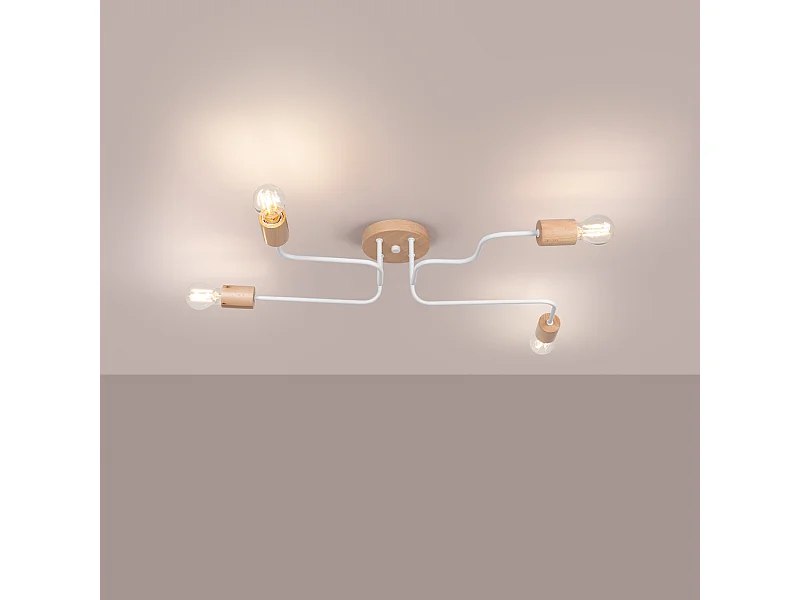 Lustre Zimbo grenier en acier/bois - 4 sources lumineuses 3000K - L.75 x H.16,5 cm - blanc/bois naturel