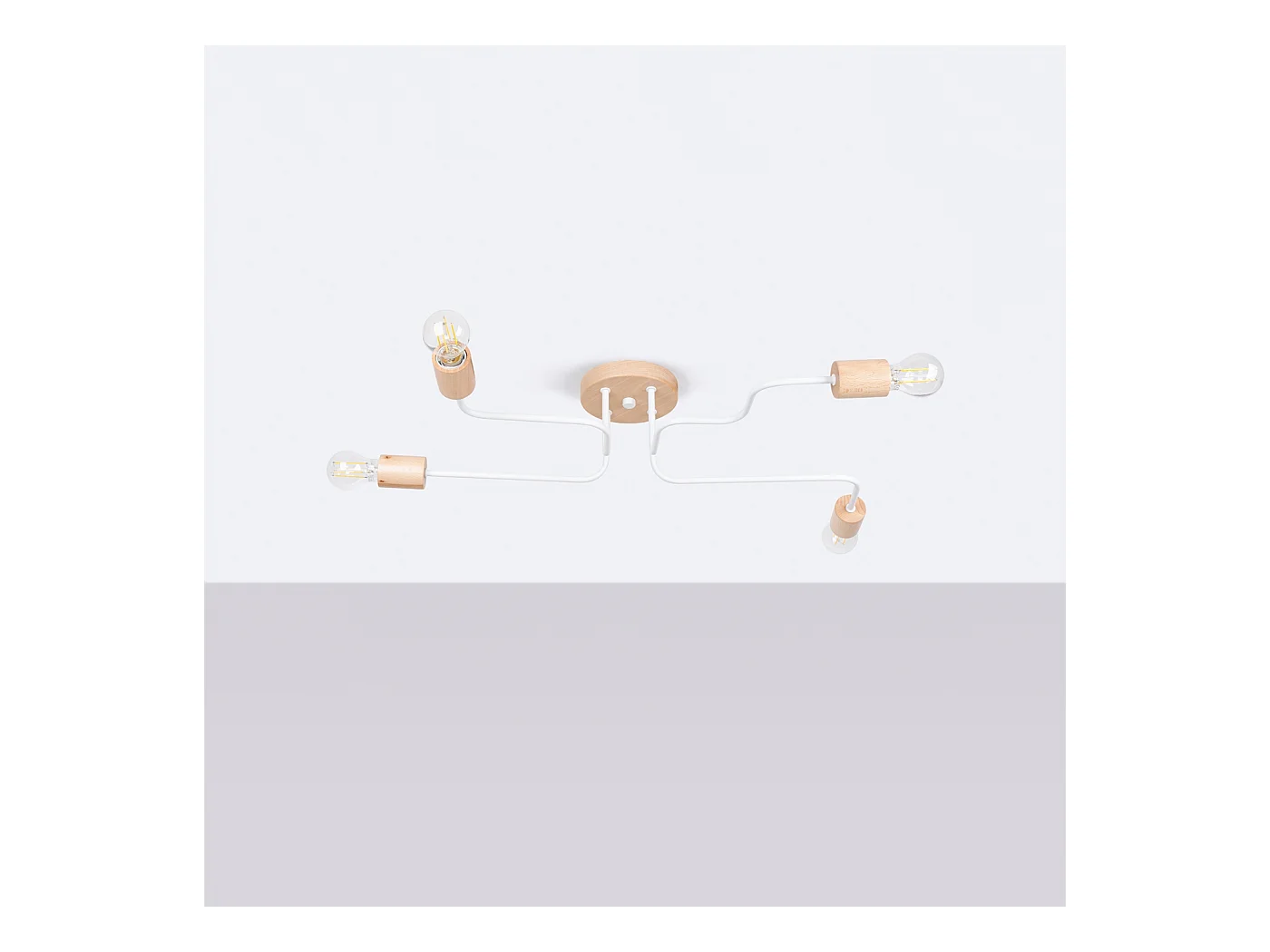 Lustre Zimbo grenier en acier/bois - 4 sources lumineuses 3000K - L.75 x H.16,5 cm - blanc/bois naturel