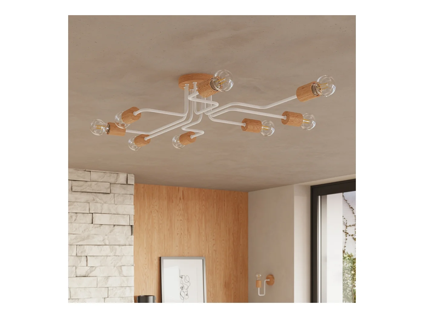 Lustre Zimbo grenier en acier/bois - 4 sources lumineuses 3000K - L.75 x H.16,5 cm - blanc/bois naturel