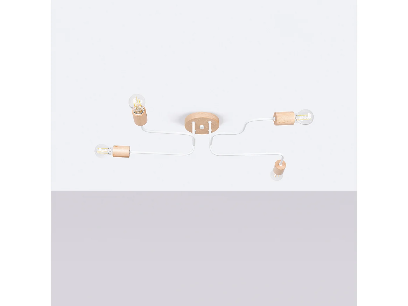 Lustre Zimbo grenier en acier/bois - 4 sources lumineuses 3000K - L.75 x H.16,5 cm - blanc/bois naturel