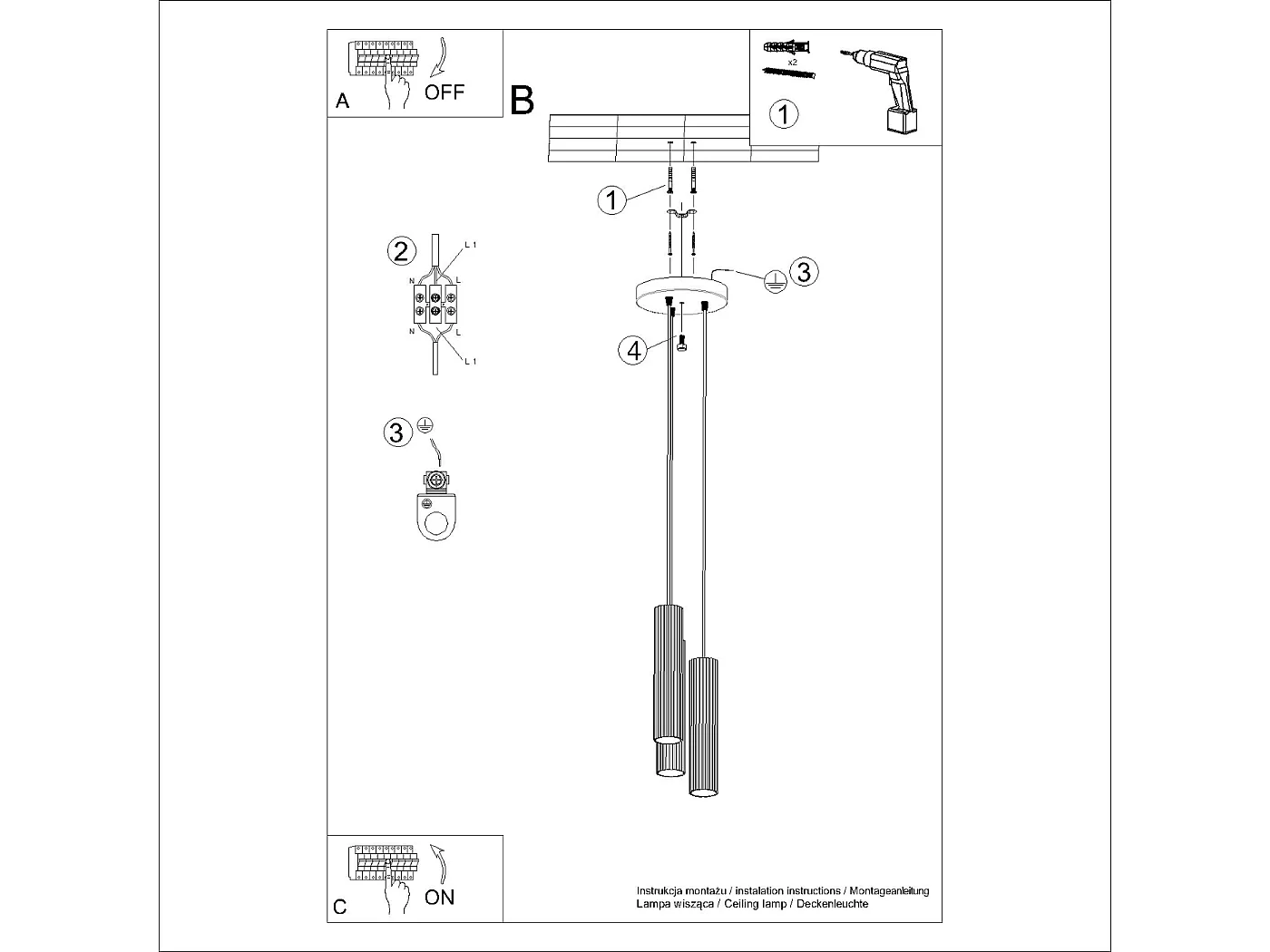 Lampa wisząca minimalistyczny Gloow, aluminium - 3 źródło światła 3000K - L.19.5 x H.108 cm - czarny