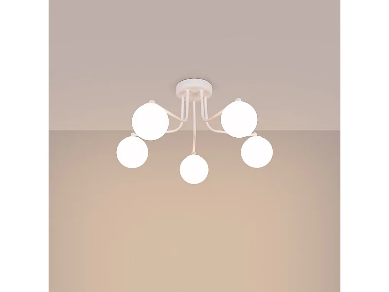 Lustre Bealy minimaliste en acier/verre - 5 sources lumineuses 3000K - L.58 x H.29 cm - blanc