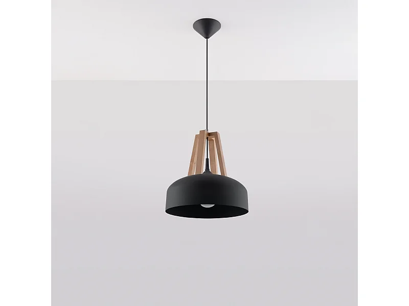Lampes suspendues Solivo moderne en acier/bois - 1 sources lumineuses 4000K - L.30 x H.85 cm - noir/bois naturel