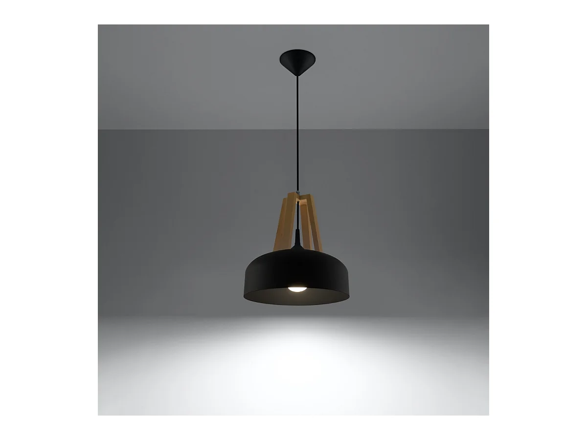 Lampes suspendues Solivo moderne en acier/bois - 1 sources lumineuses 4000K - L.30 x H.85 cm - noir/bois naturel
